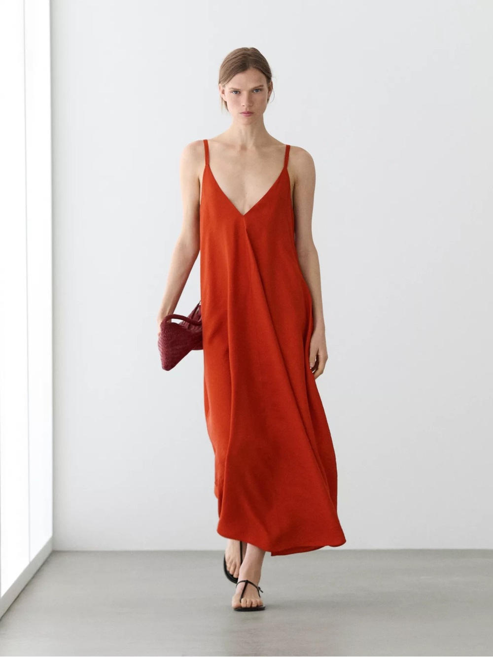 Massimo Dutti Sleeveless V-Neck Slip Dress in Rust Red